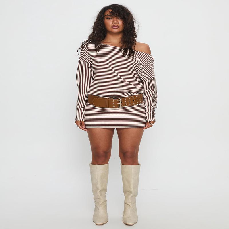 Caia Off Shoulder Long Sleeve Jersey Mini Dress Chocolate Stripe