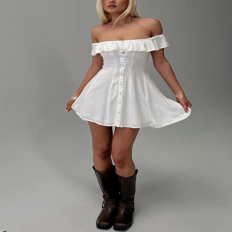 Corail Off Shoulder Frill Mini Dress White