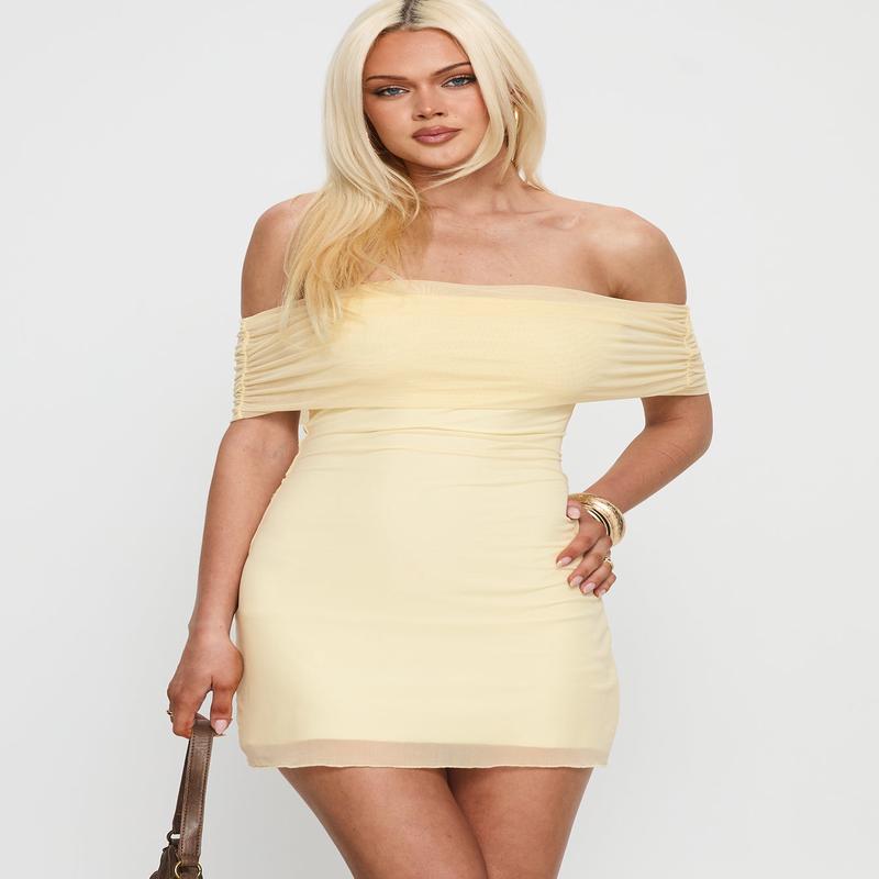 Dayanna Off Shoulder Mesh Mini Dress Lemon