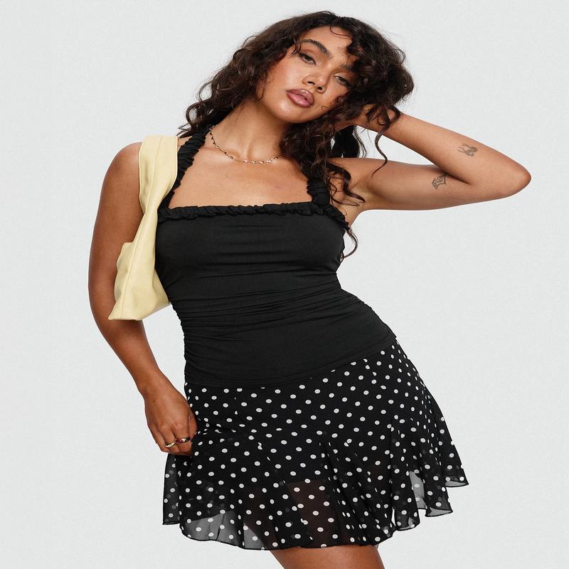 Godet Mini Skirt Black / White Polka