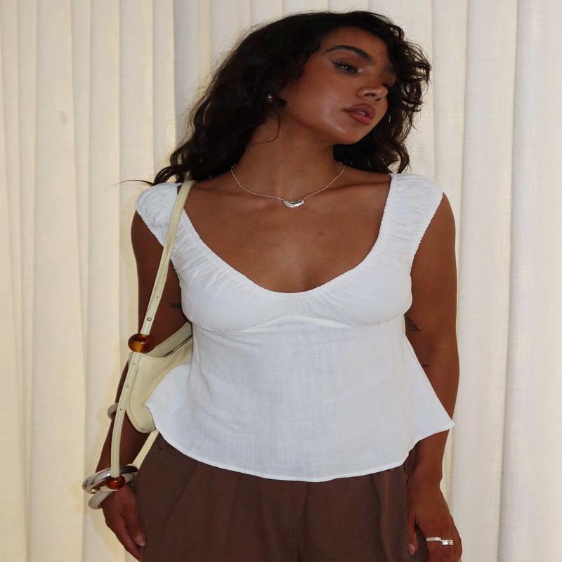 With Pleasure Puff Sleeve Linen Blouse Top White