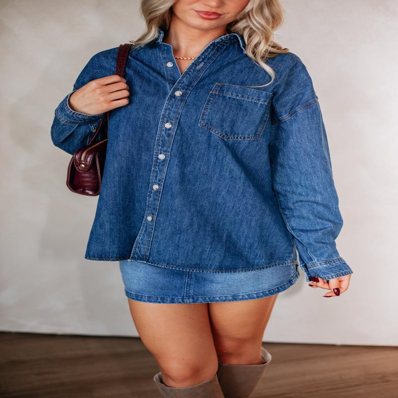 Jersie Denim Shacket - Medium Wash