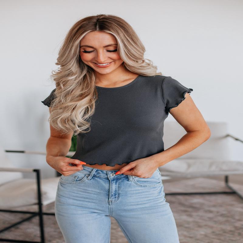 Tara Waffle Knit Top - Charcoal