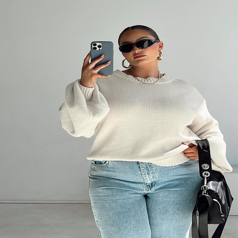 Harmony Balloon Sleeve Knit Sweater Beige Curve