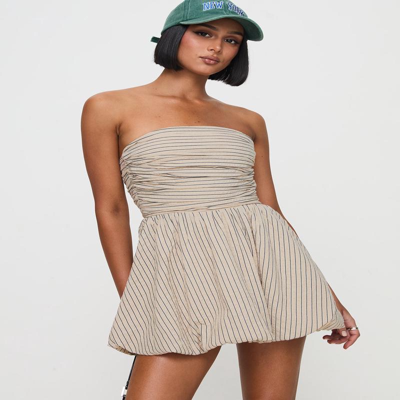 Quinette Strapless Bubble Hem Mini Dress Beige Stripe