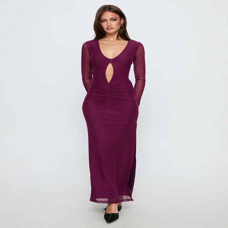 Darkside Long Sleeve Cut Out Plunge Maxi Dress Plum