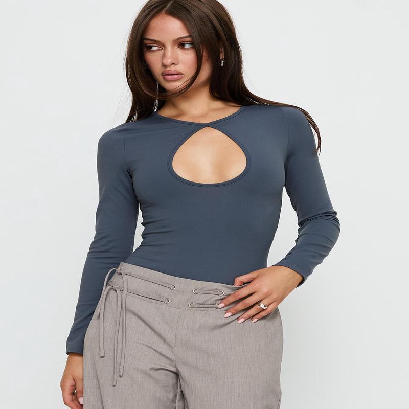 Make It Yours Cut Out Long Sleeve Bodysuit Slate