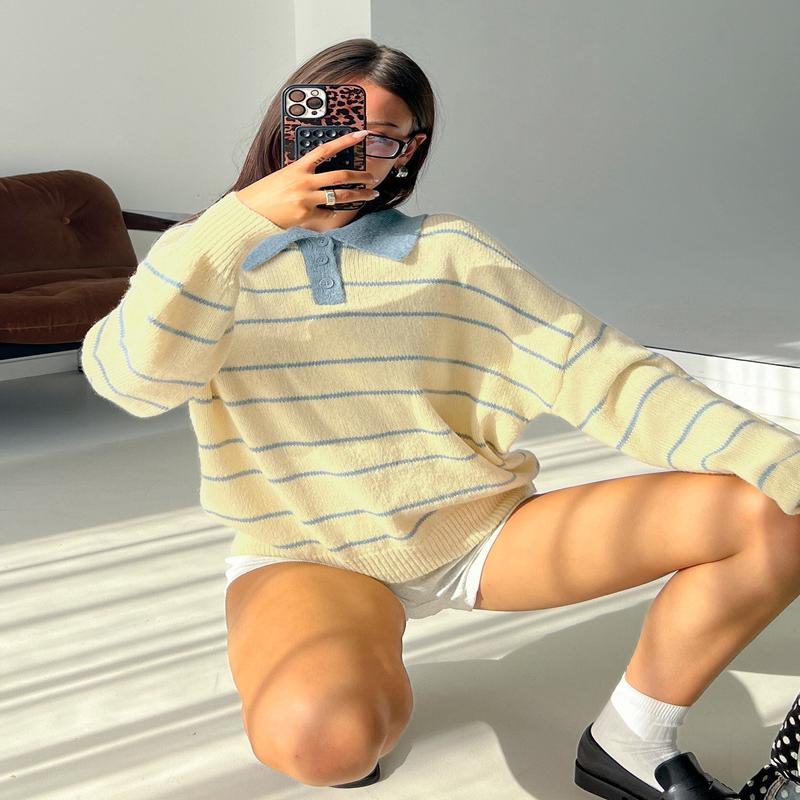 Minda Collared Knit Sweater Yellow Stripe