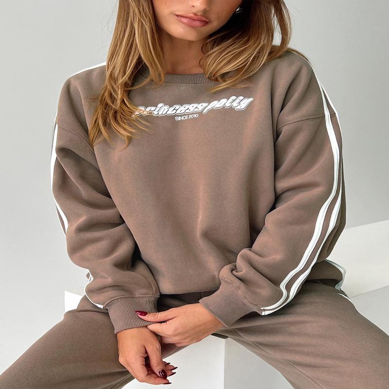 Princess Polly Crew Neck Sweatshirt Stripe Taupe / White