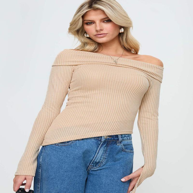 Streep Off The Shoulder Top Beige