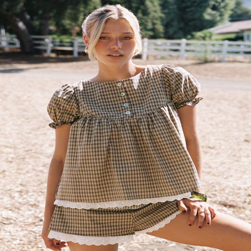 Chandelier Babydoll Top Brown Check