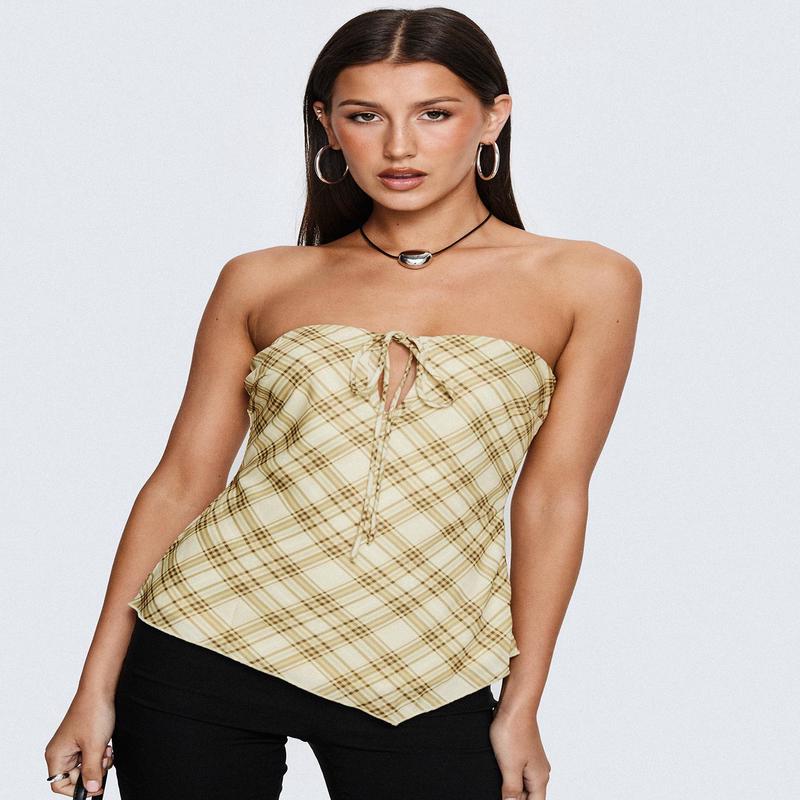 I Wonder Strapless Cut Out Top Yellow Check