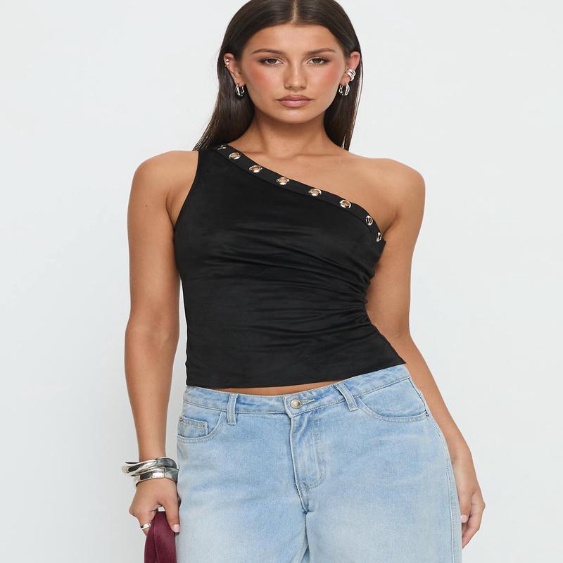 Sophy Studded One Shoulder Top Black