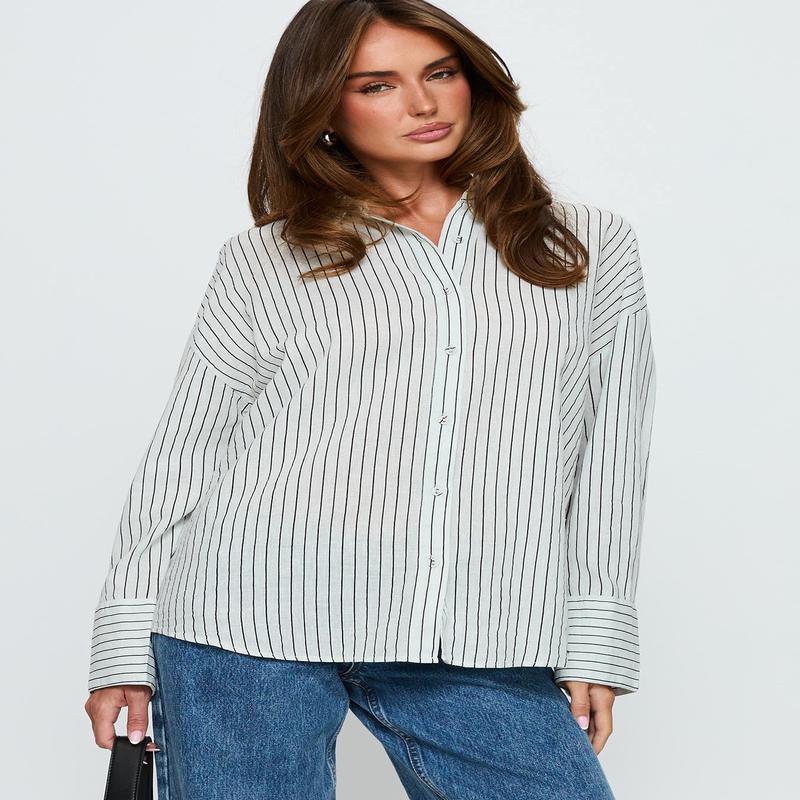 Alexi Long Sleeve Button Down Top Blue / Brown Stripe