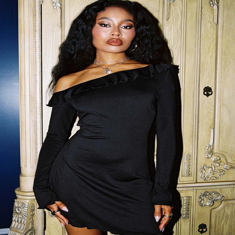 Bewitched Long Sleeve One Shoulder Mini Dress Black