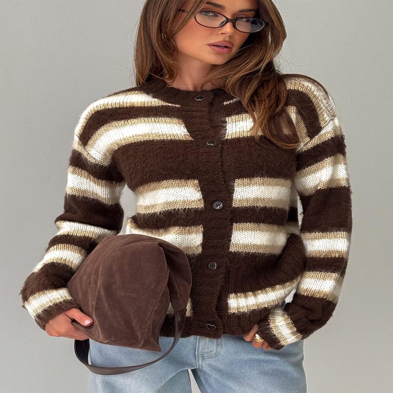 Cultivated Fluffy Knit Cardigan Brown Stripe