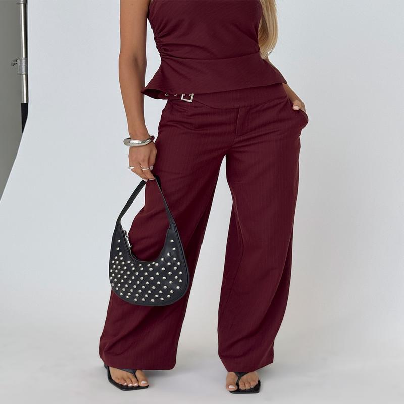 Jinny Relaxed Buckle Tailored Pants Berry Pinstripe