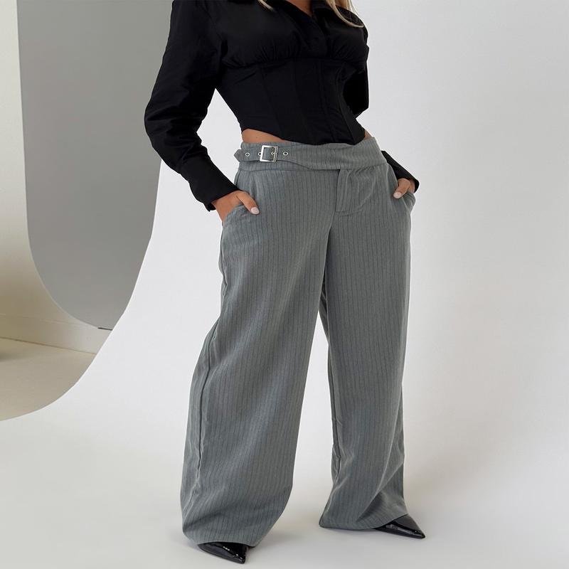 Jinny Relaxed Buckle Tailored Pants Grey Pinstripe