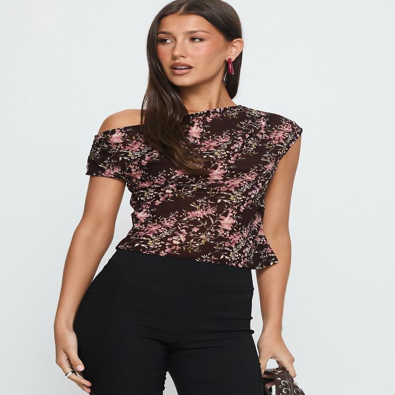 Justyna Sheer Top Off Shoulder Top Brown / Pink Floral