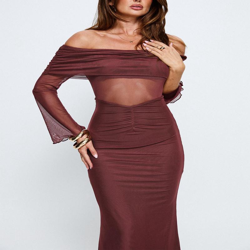 Velouria Off Shoulder Long Sleeve Maxi Dress Brown