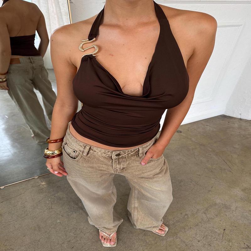 Yazmeen Cowl Neck Hardware Detail Top Chocolate