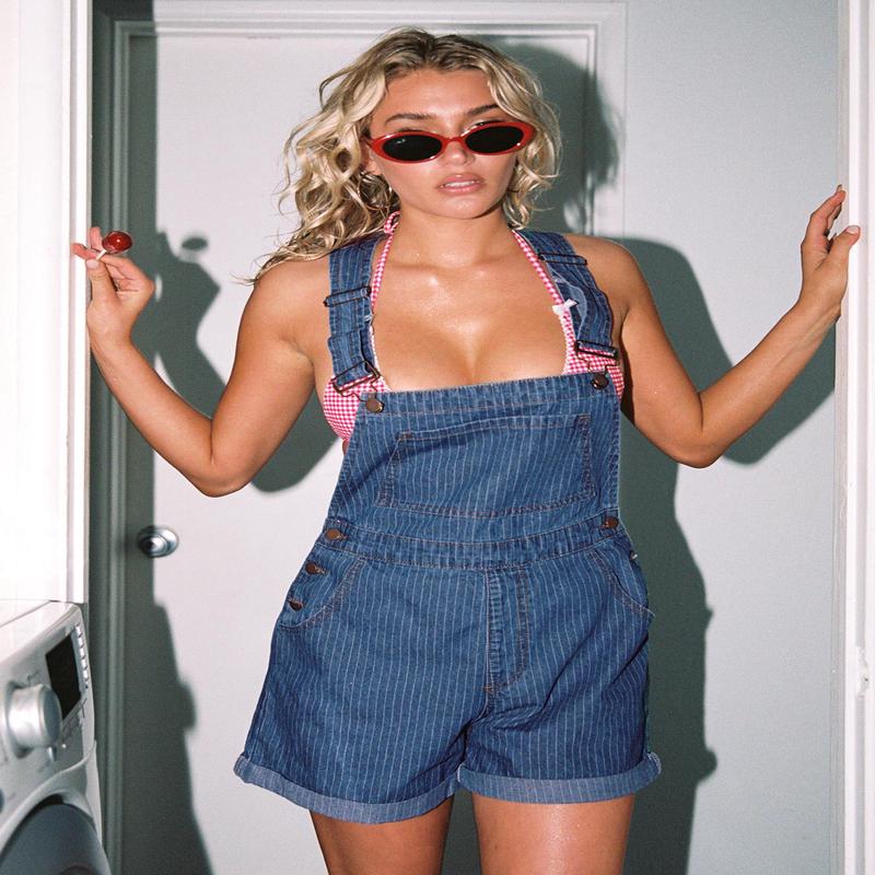 Kacey Short Overalls Mid Blue Pinstripe