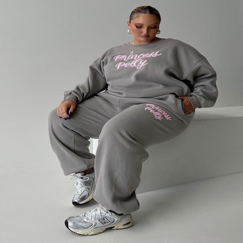 Princess Polly Track Pants Puff Text Charcoal Curve