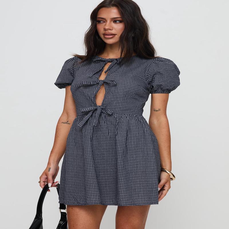 Nurture Bow Mini Dress Navy Check