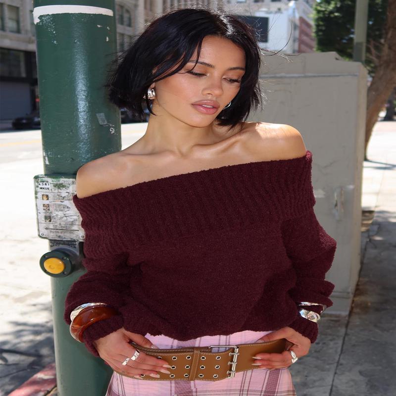 Parkley Boucle Off The Shoulder Sweater Burgundy