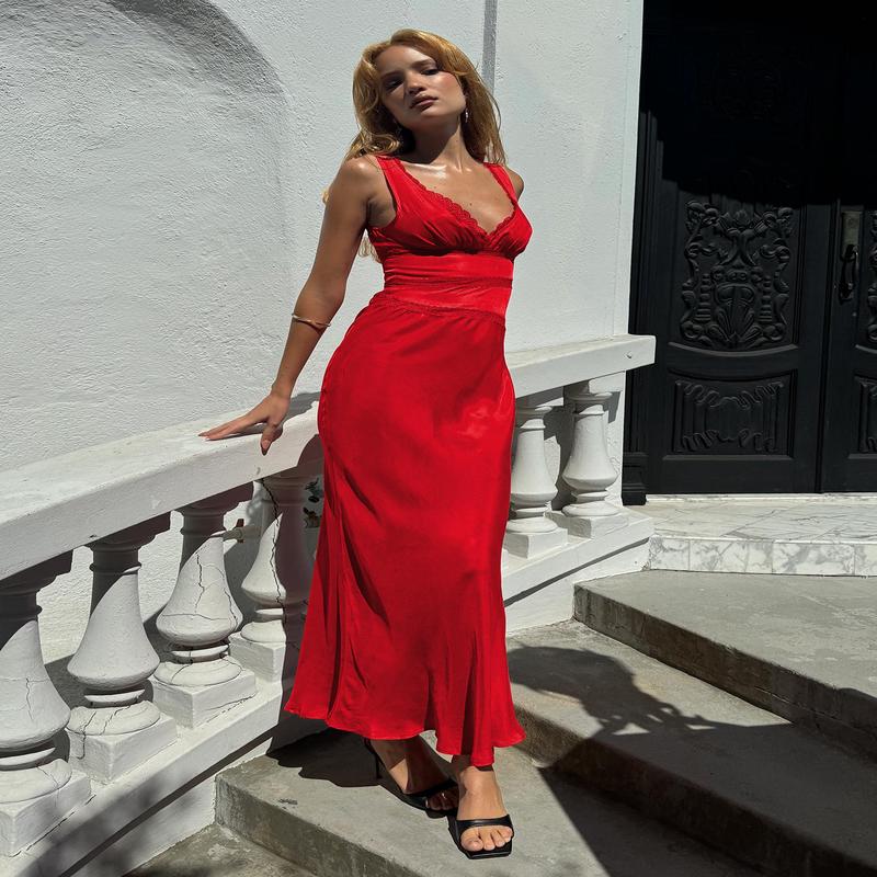 Karlotta Lace Bias Maxi Dress Red