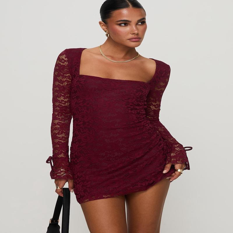 Lucianna Long Sleeve Lace Mini Dress Burgundy