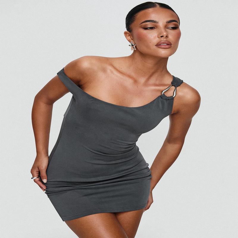 True Desires One Shoulder Mini Dress Grey