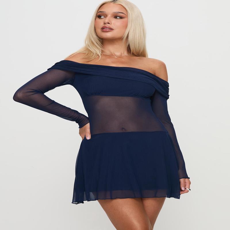 Virtues Long Sleeve Sheer Mini Dress Navy