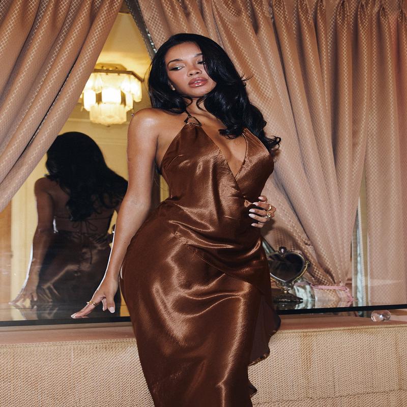 Annissa Plunge Halter Maxi Dress Dark Brown