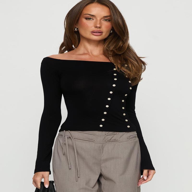 Jillianna Button Detail Off Shoulder Top Black