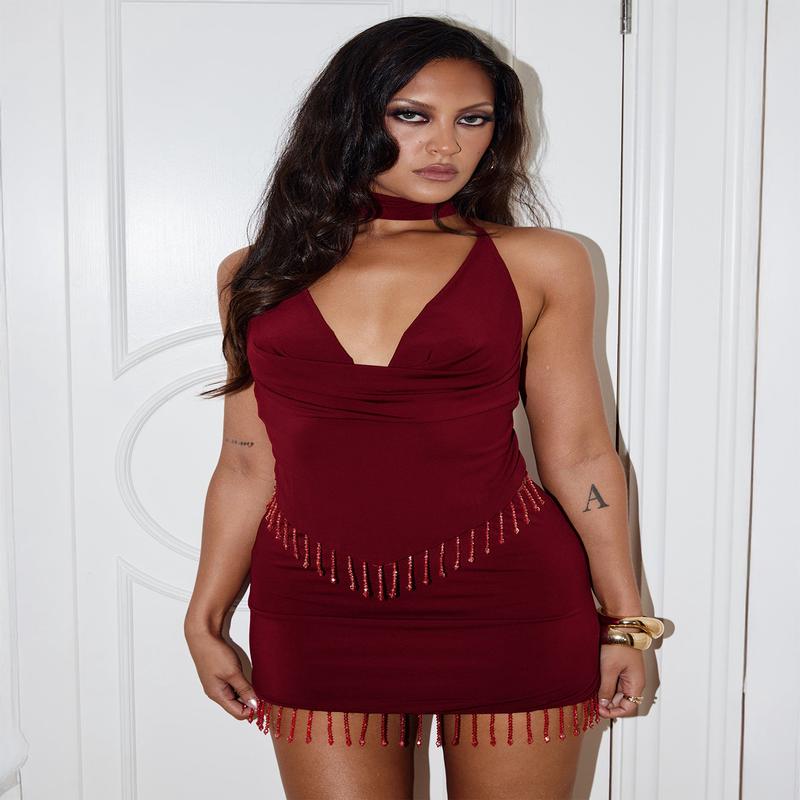 Ginah Bead Tassel Mini Skirt Red