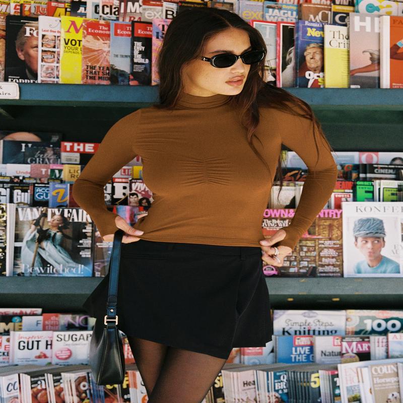 Valley Girls Ruched Long Sleeve Top Brown