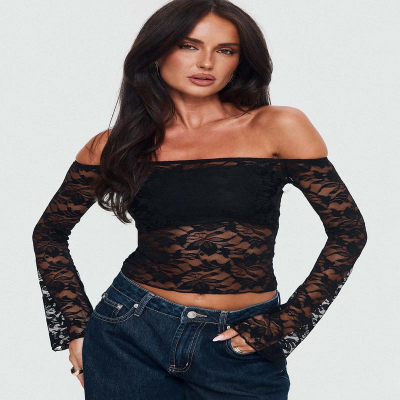Good Judgement Off Shoulder Lace Long Sleeve Top Black