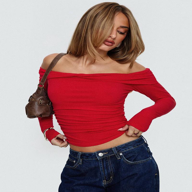 Sonnett Off Shoulder Twist Long Sleeve Top Red