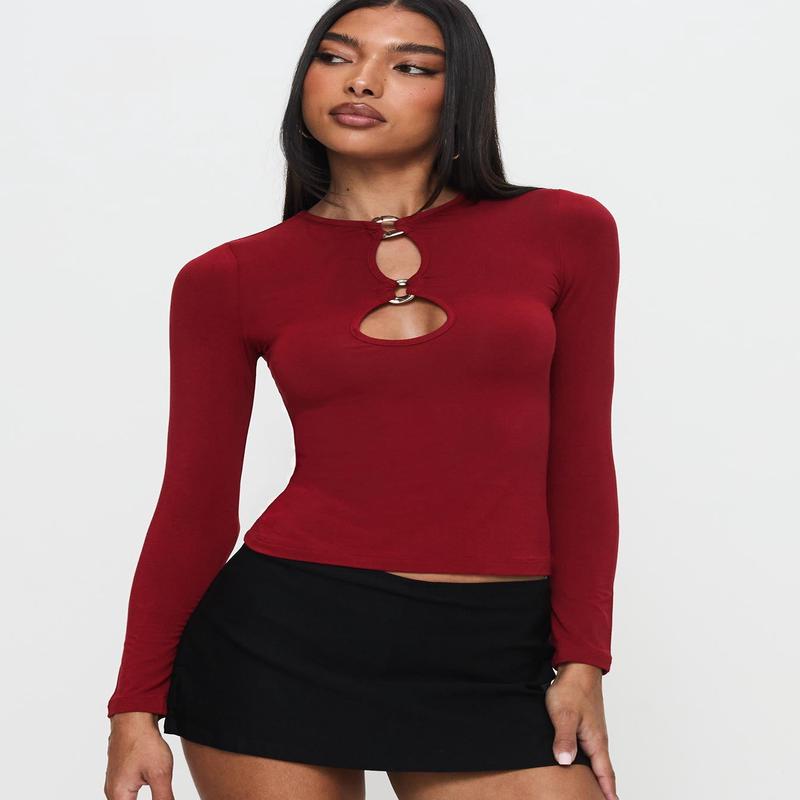 Orlaith Cut Out Long Sleeve Top Burgundy