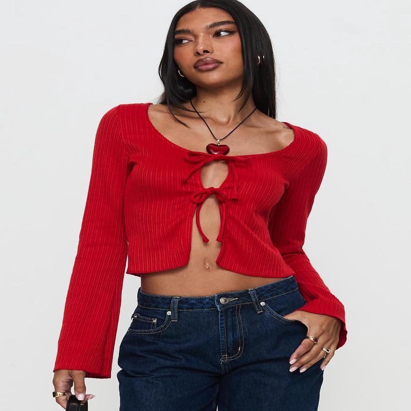 Rowynne Long Sleeve Tie Up Top Red