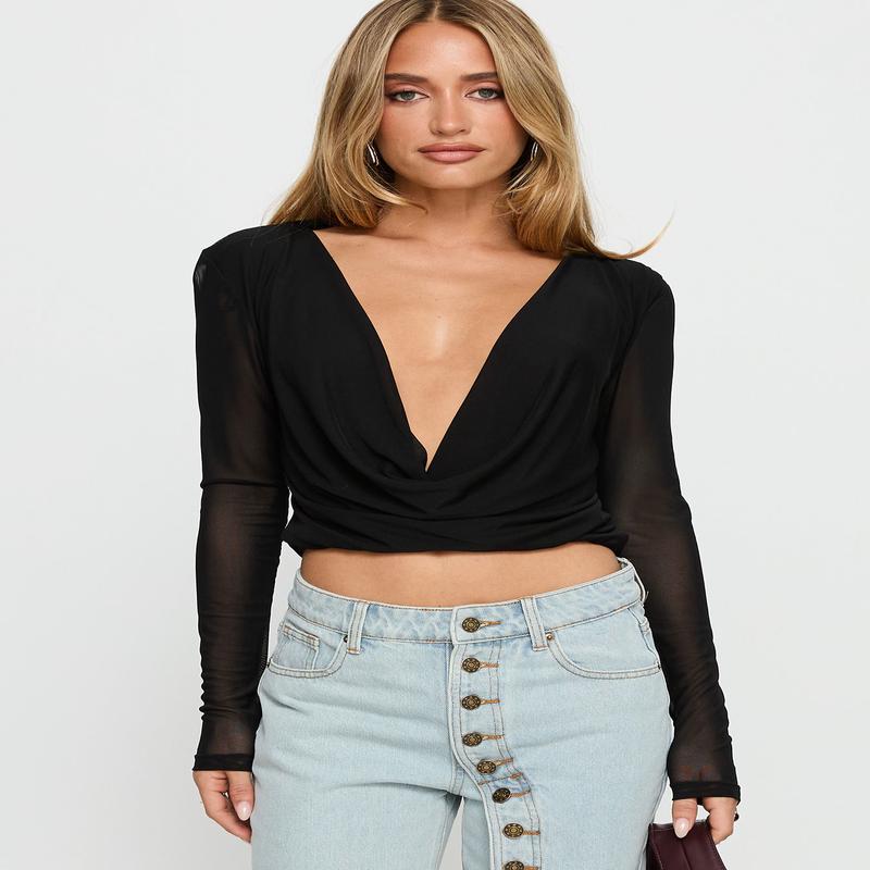 Carefree Days Long Sleeve Cowl Neck Top Black