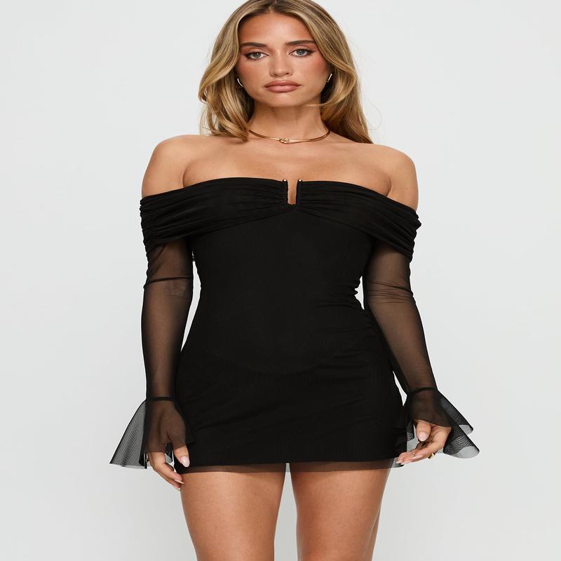 Raziela Long Sleeve Mesh Mini Dress Black