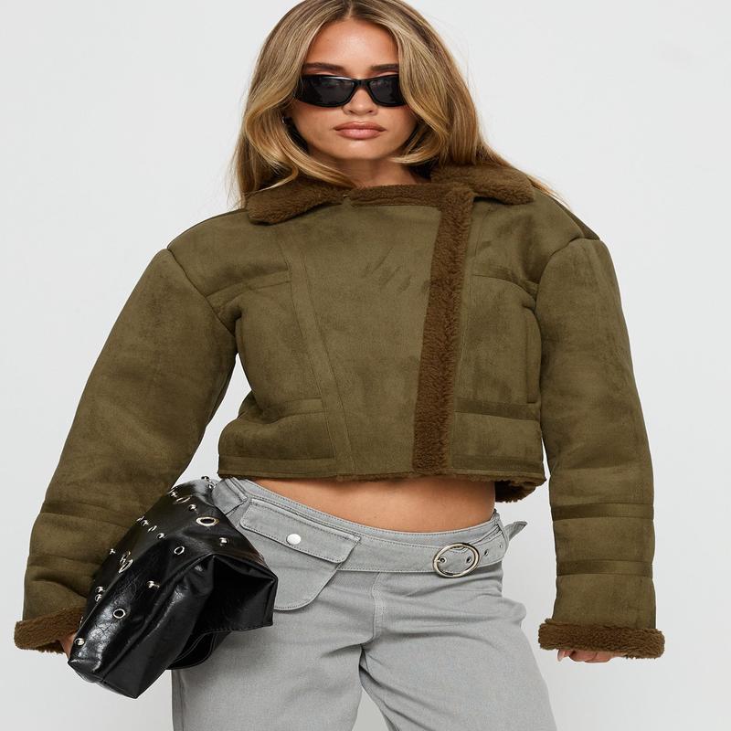 Swooning Cropped Faux Suede Jacket Green