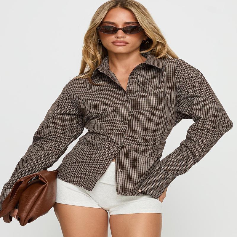 Xinia Tie Waist Long Sleeve Shirt Brown Check