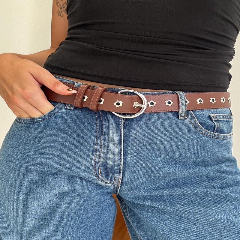 Alstro Faux Leather Flower Studded Belt Brown / Silver