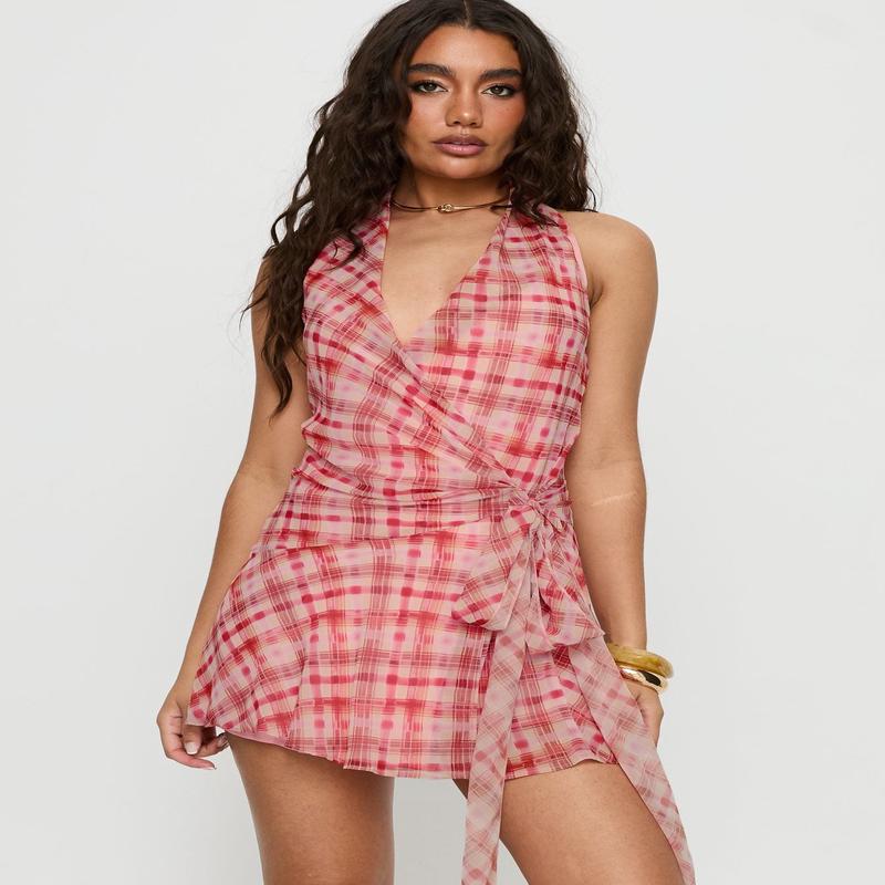 Brissa Halter Wrap Mini Dress Brown Orange Multi