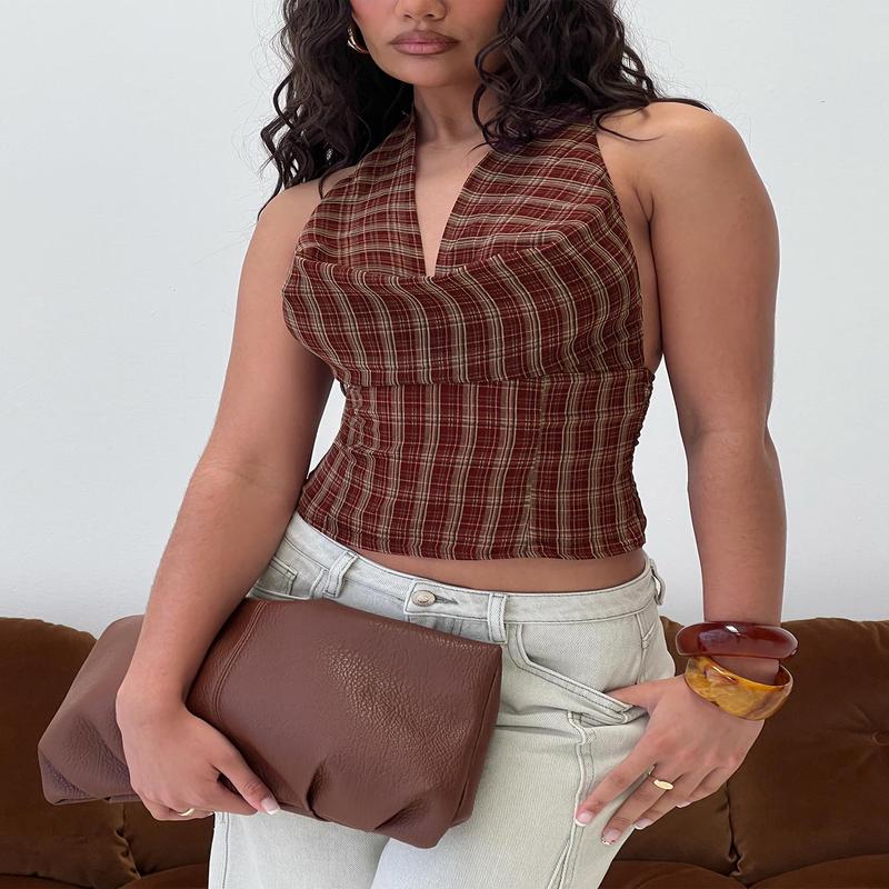 Kendia Plunge Halter Top Red Check