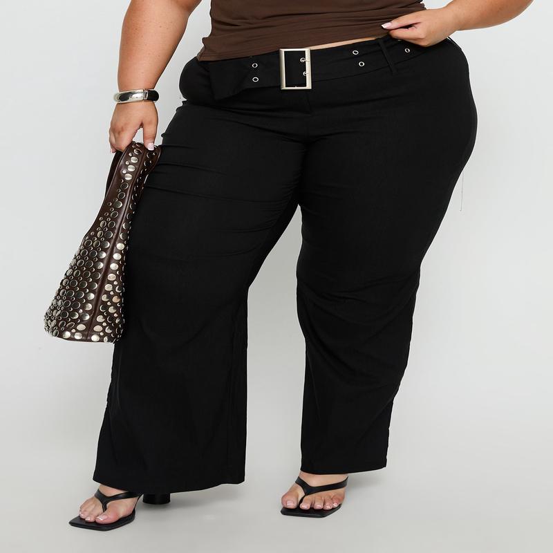 Kortnee Eyelet Detail Flare Leg Pants Black Curve