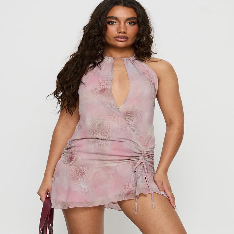 Zatana Halter Ruched Mini Dress Purple Multi